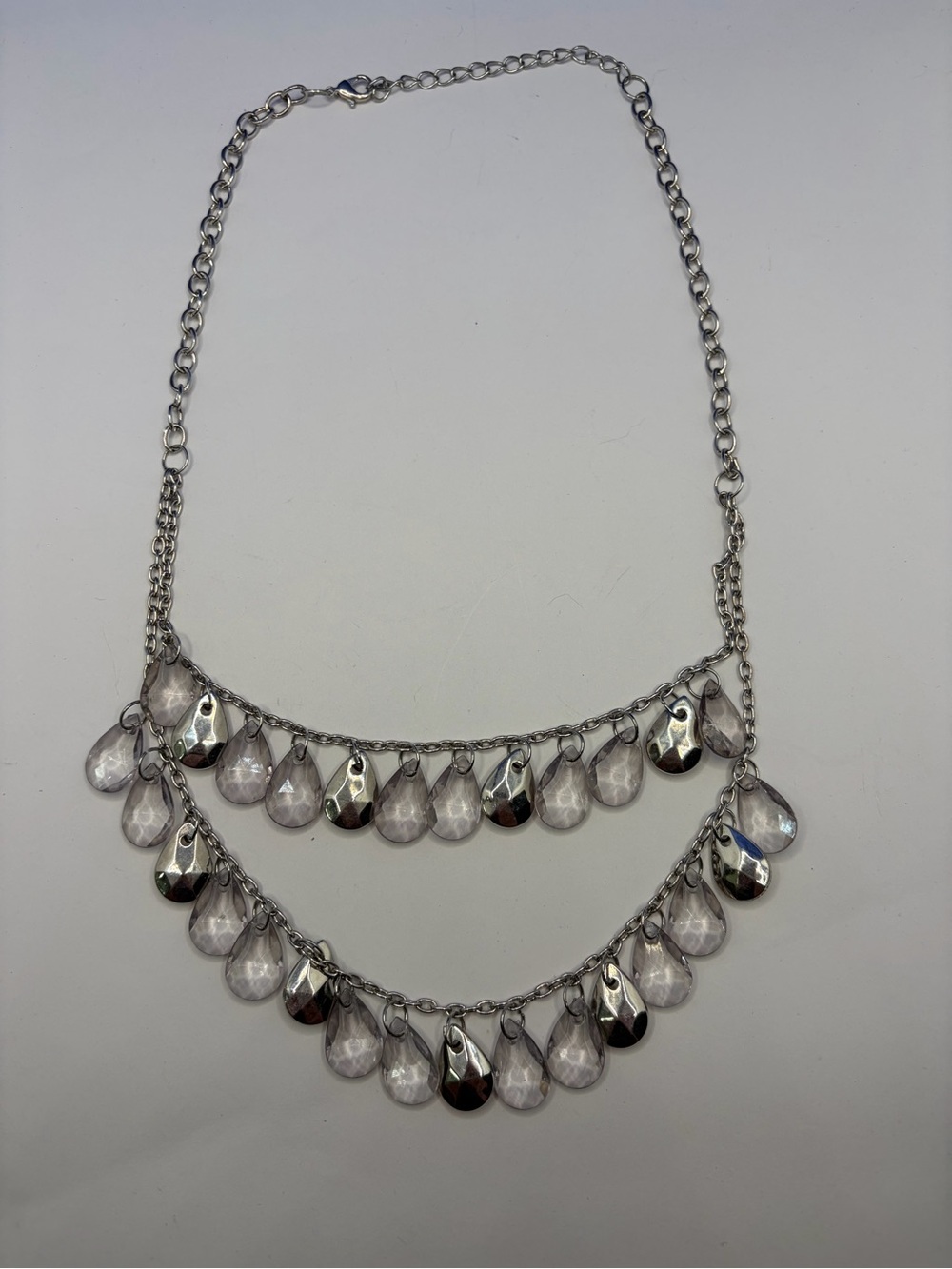 Silver Tone Layered Faceted Teardrop Statement Necklace Clear Crystal Look